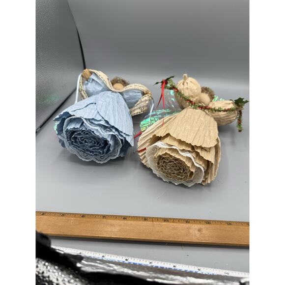 Vintage Handmade Christmas Angels Set of 2 Crepe Paper Halo Wings Silent Night - Picture 6 of 6